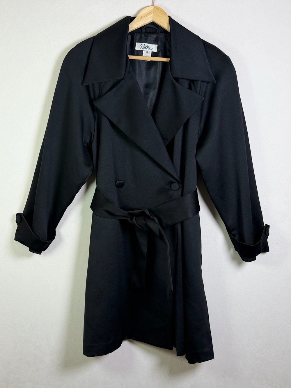 Patra Womens Sz M Black Satin Trench Coat Belted Duster 80s 90s Made USA Vintage - Picture 2 of 7